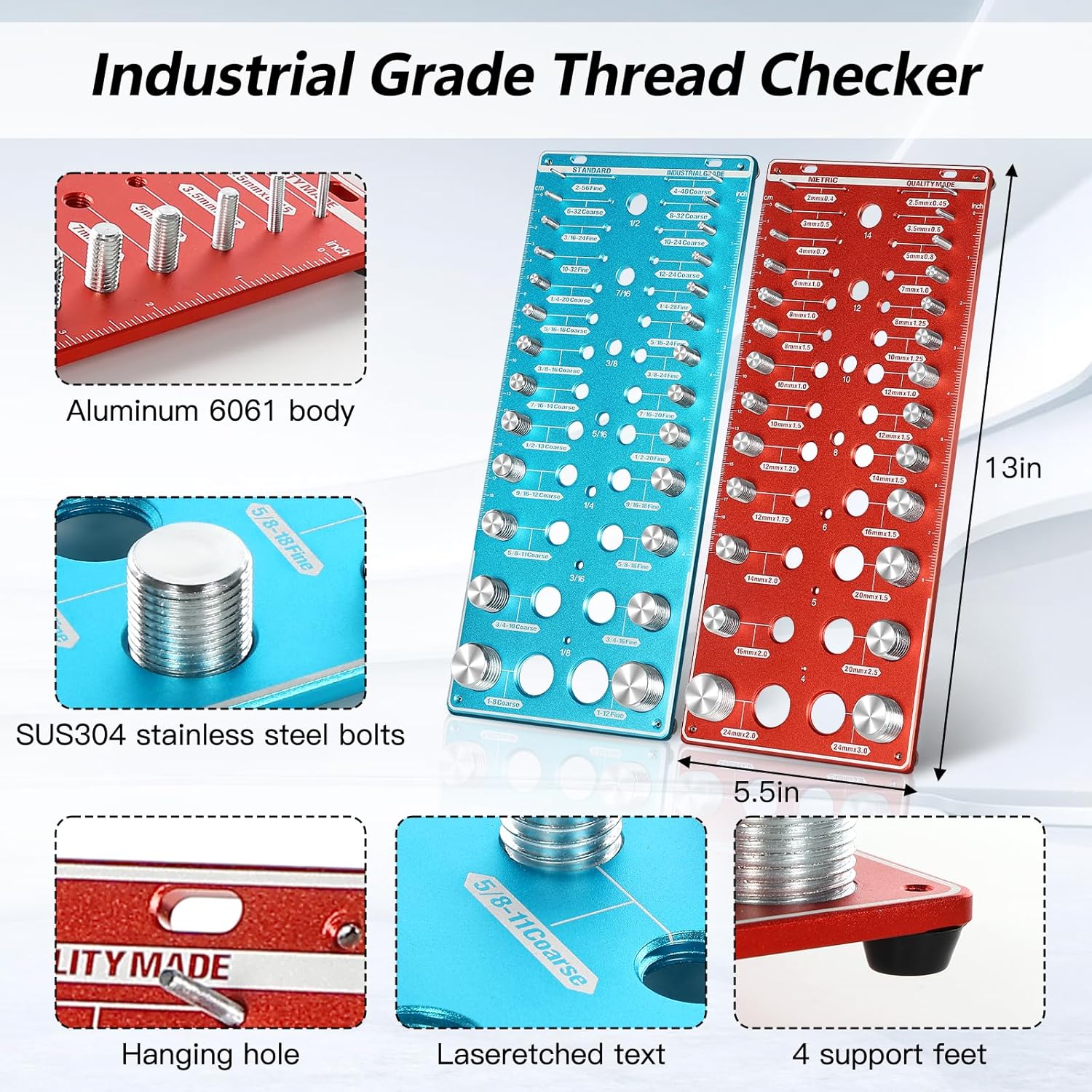 66 Nut and Bolt Thread Checker, 26 Standard, 26 Metric Bolt, 14 Drill Bit Gauges Identifier Gauge, Wall-Mountable Bolt Size and Thread Gauge