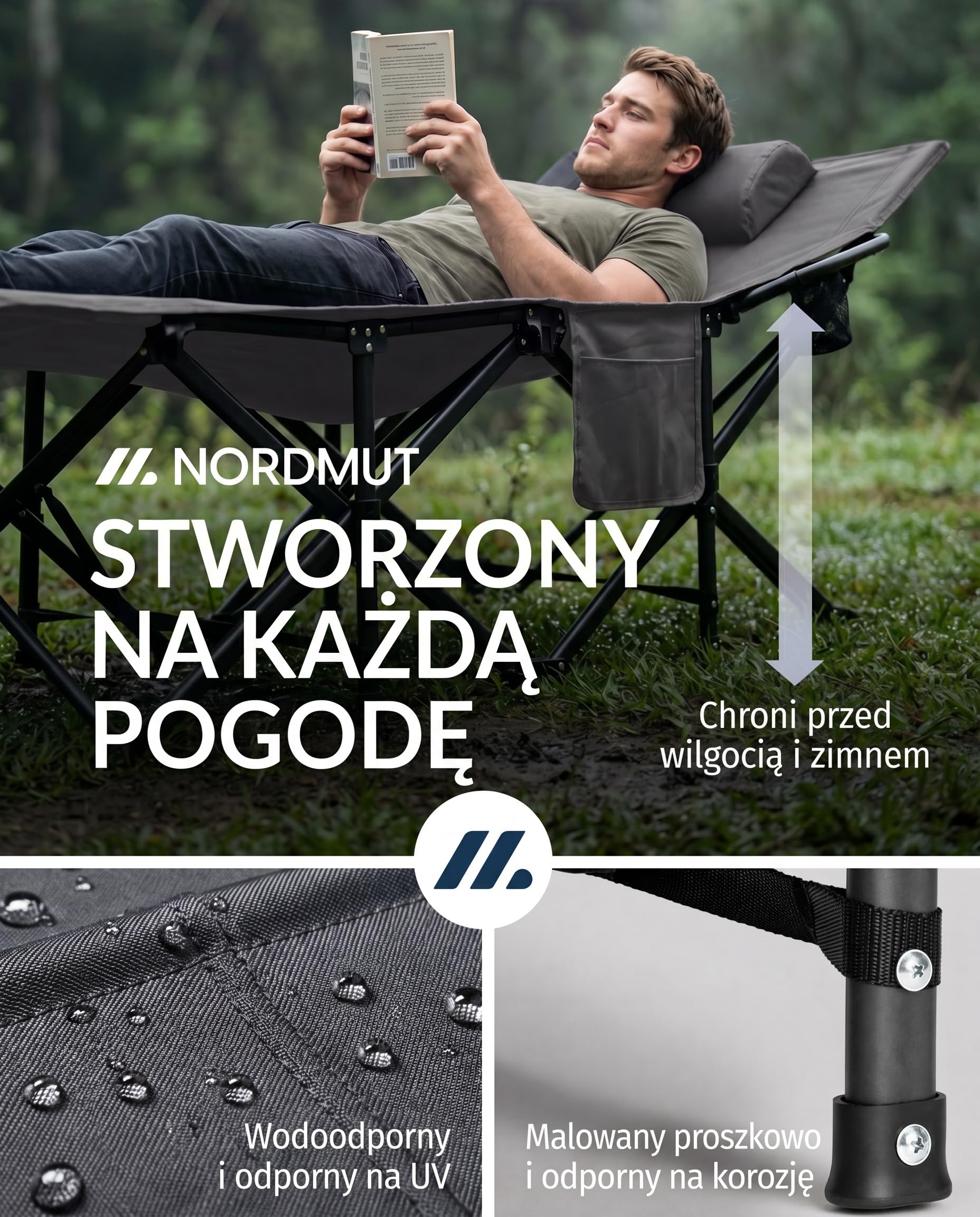 NORDMUT® Składane łóżko polowe z wygodnym materacem – Stabilne łóżko campingowe o nośności do 200 kg – Premium dla gości do camping, ogrodu i podróży (Popielaty/bz nakładem)