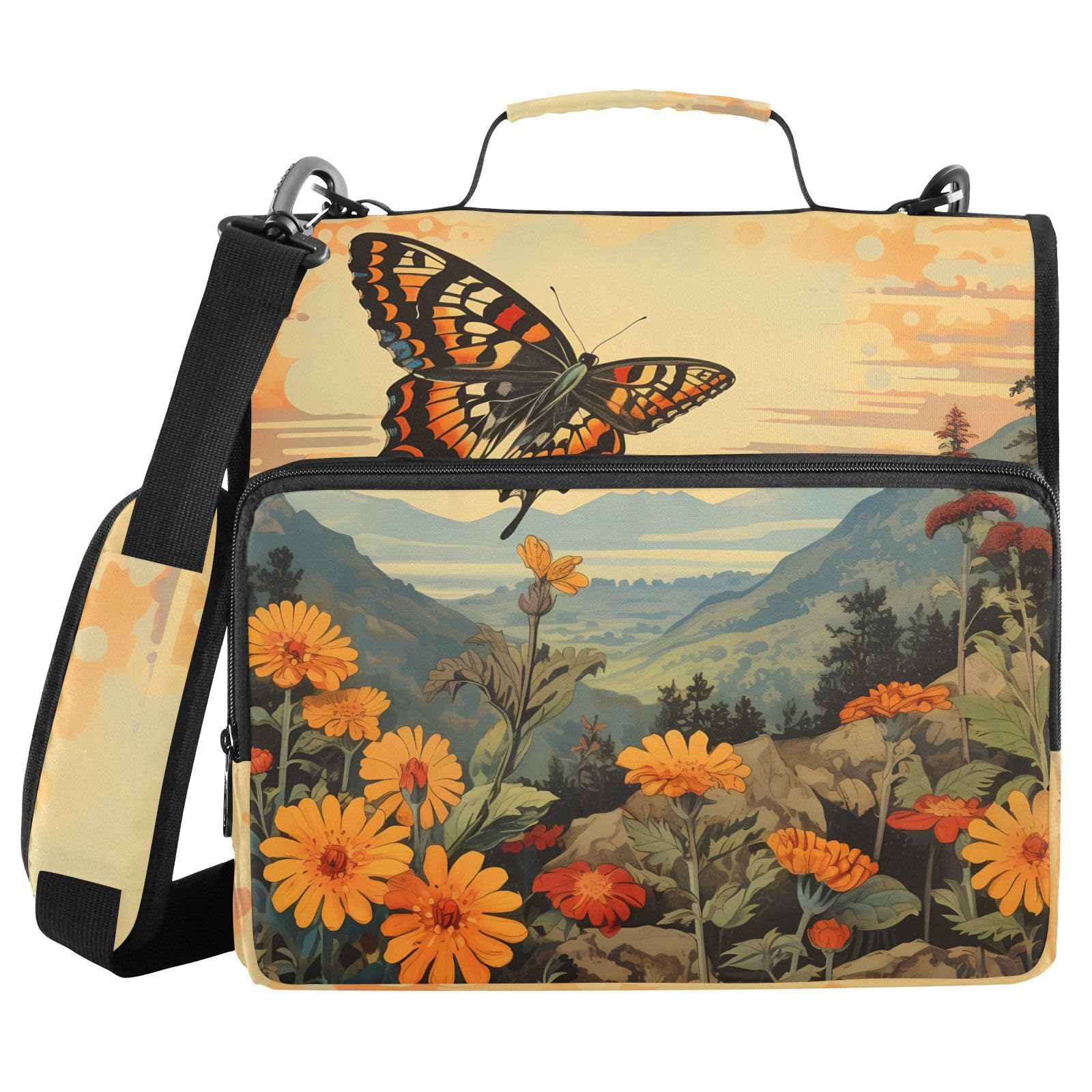 BOENLE 3 Ring Binder Zipper Binders Wildflowers Butterfly Expanding File Folder Bag with Shoulder Strap