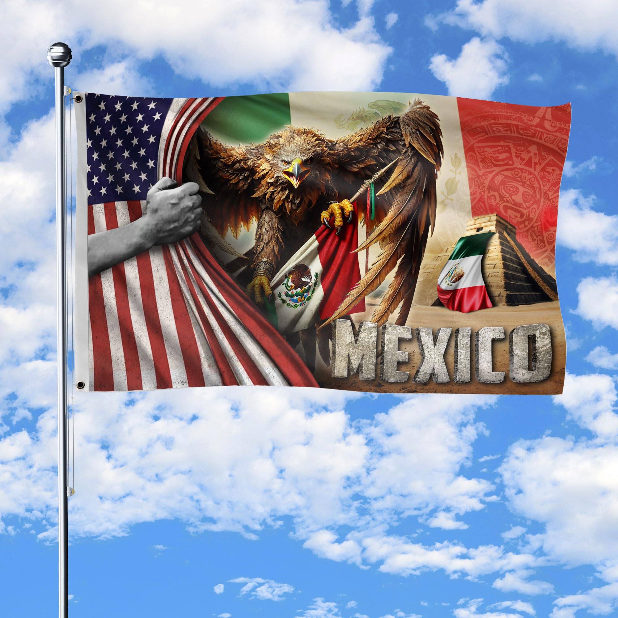 Mexican And American Flags, Large Mexican Flag, Us Mexico House Flags, 3x5 Double Sided Usa Mexico Flag, Brass Grommets 3 (3x5ft)
