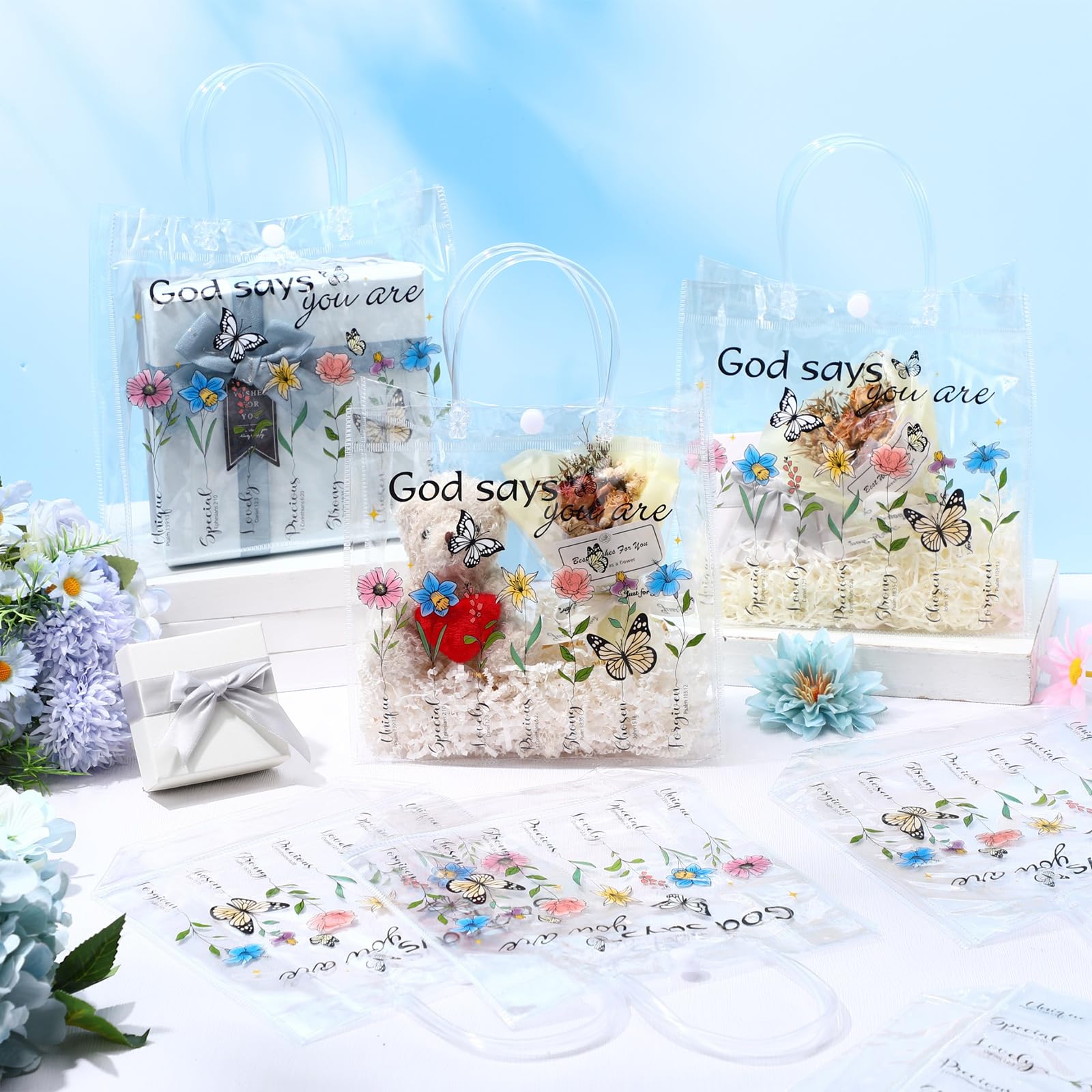 Dansydaisy 20 Pcs Christian Gift Bags with handle God Says You Are Bible Verse Floral Clear PVC Goodie Candy Treat Tote Bags for Religious Faith Spiritual Baptism Christmas Themed Party Supplies