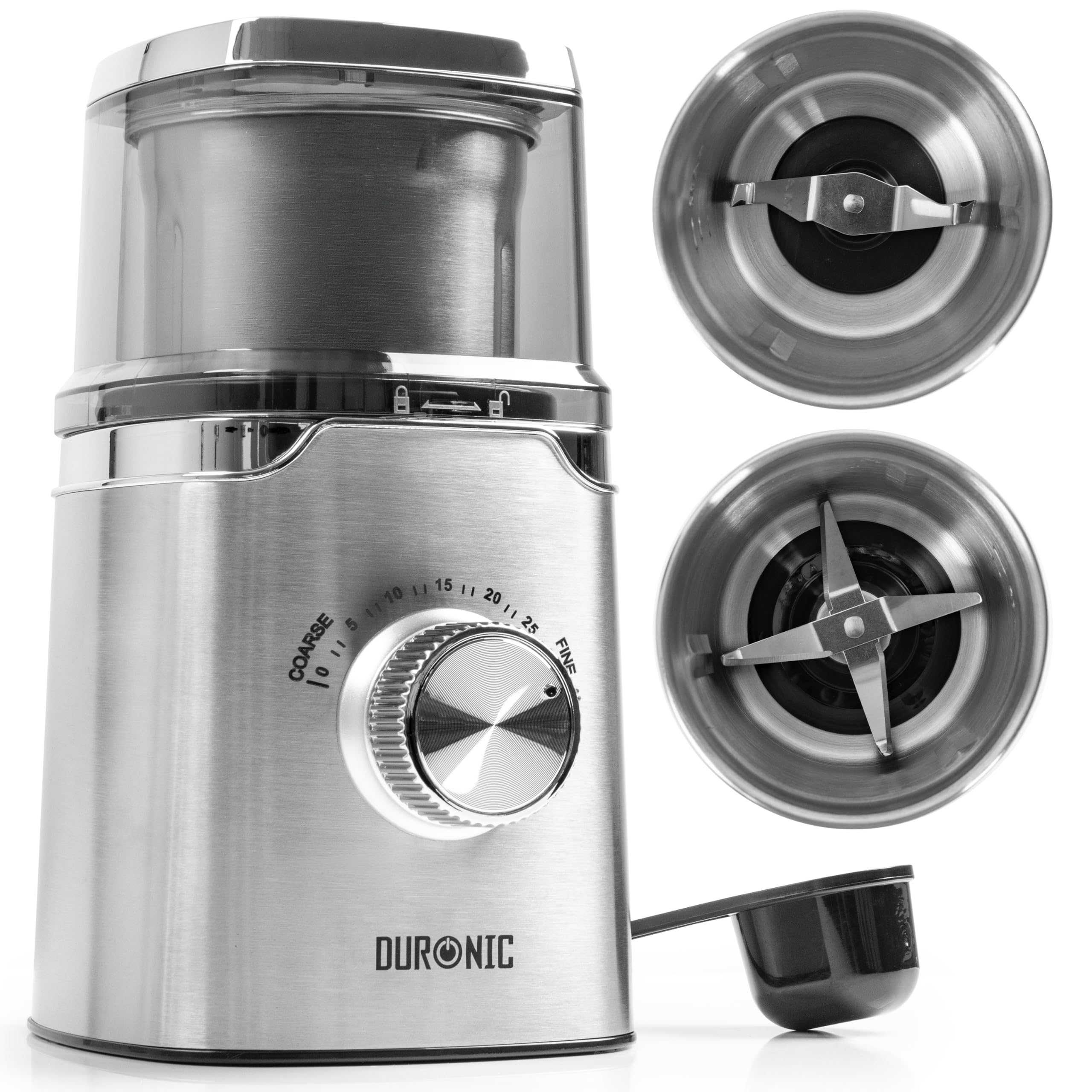 Duronic CG655 Electric Coffee Grinder with Wet & Dry Cups, 220ml, Silver