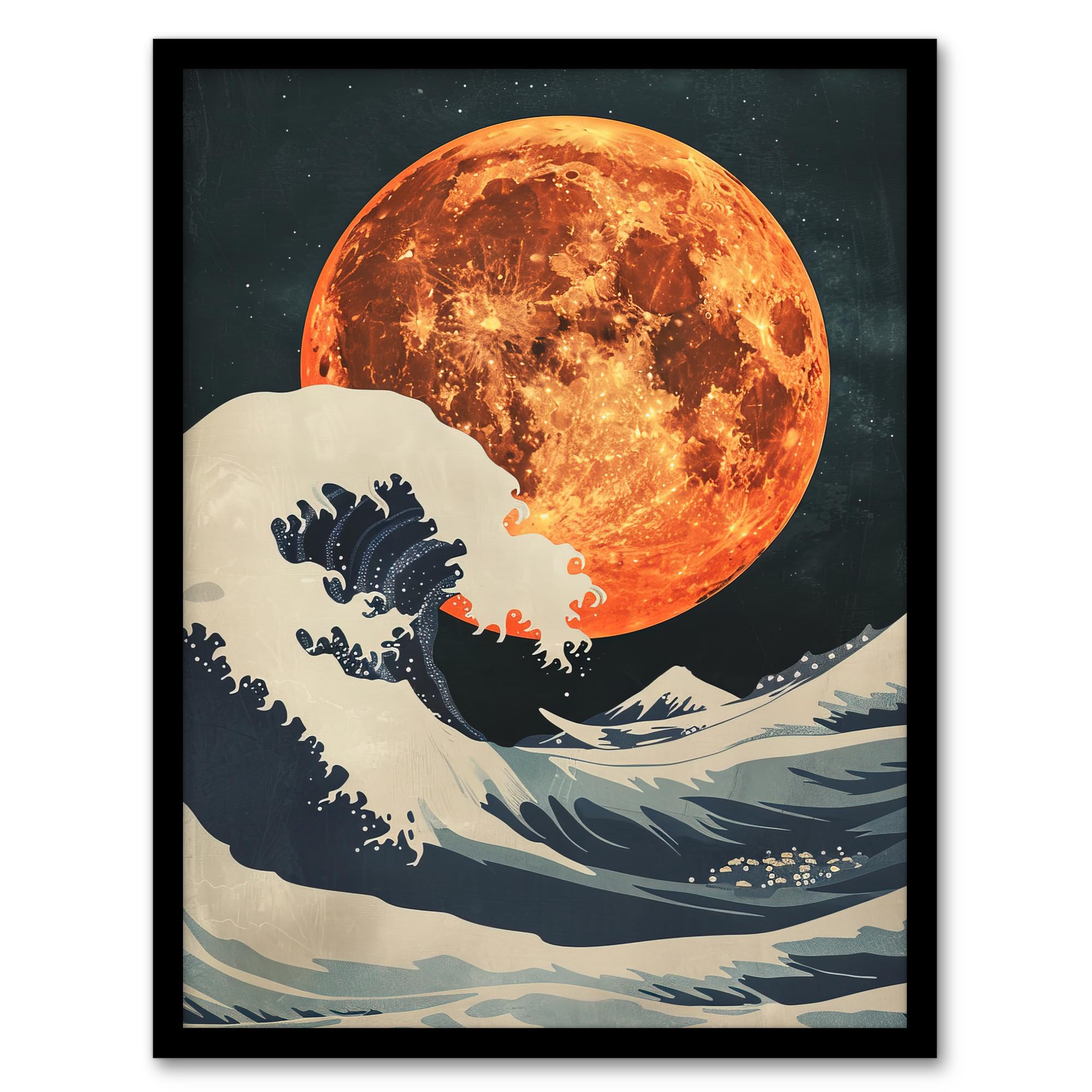 Artery8 Orange Moon Over Japanese Ocean Waves Artwork Living Room Bathroom Artwork Framed Wall Art Print A4
