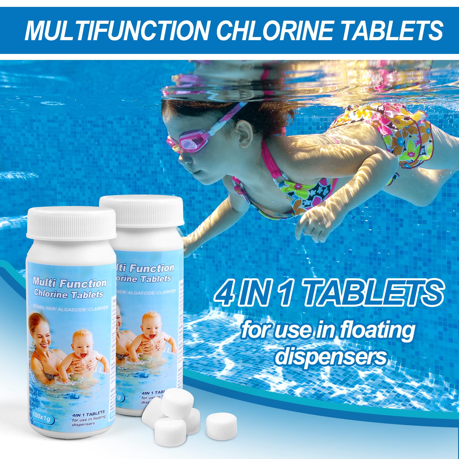 200 Pcs Pool Reinigungstabletten, 5 in 1 Multitabs für Pool, Wassertank, Whirlpool, Spa (A1)