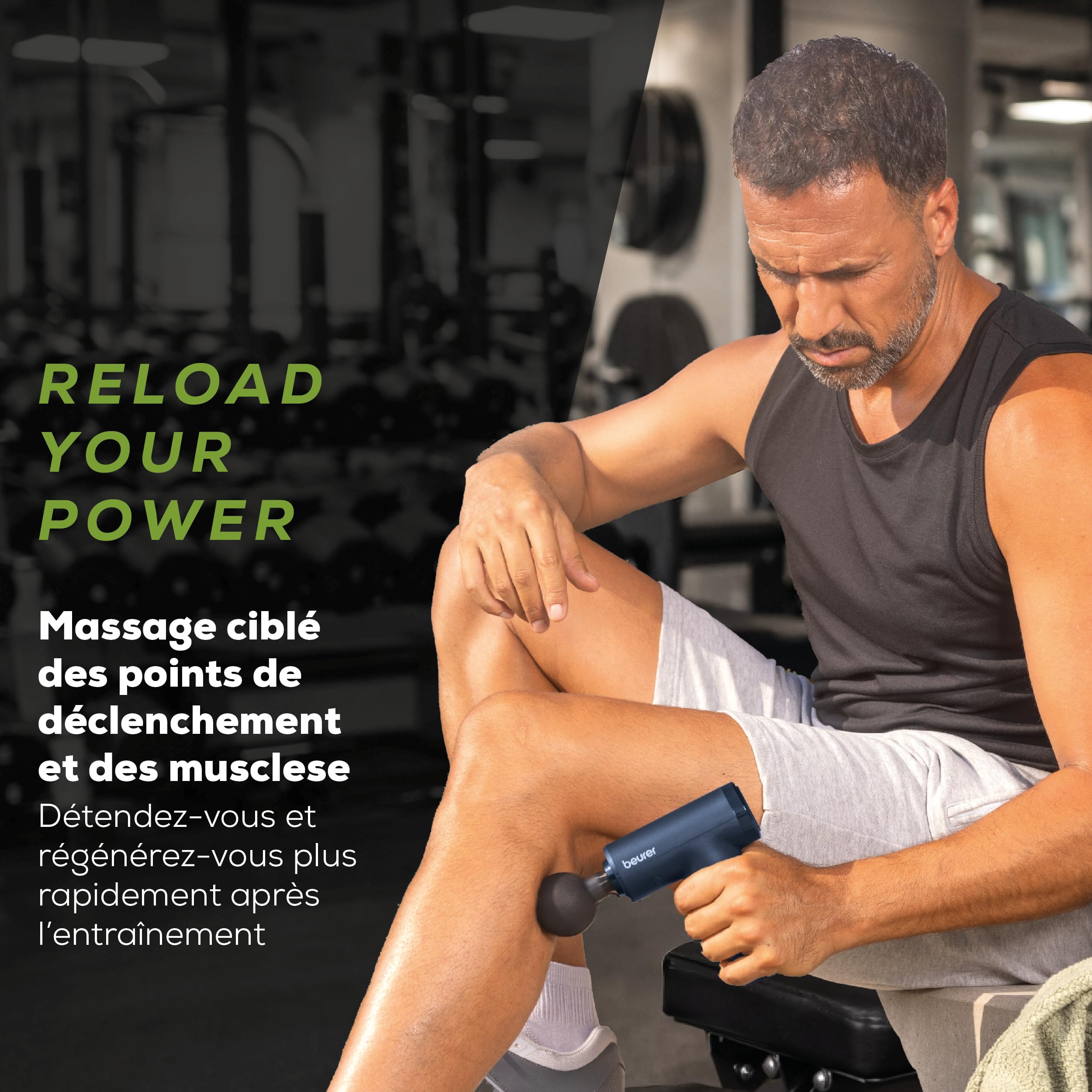 Beurer PowerReload Pistolet de massage, massage des points de déclenchement pour régénération, appareil de massage musculaire puissant avec 5 embouts, 5 niveaux d’intensité, extrêmement silencieux