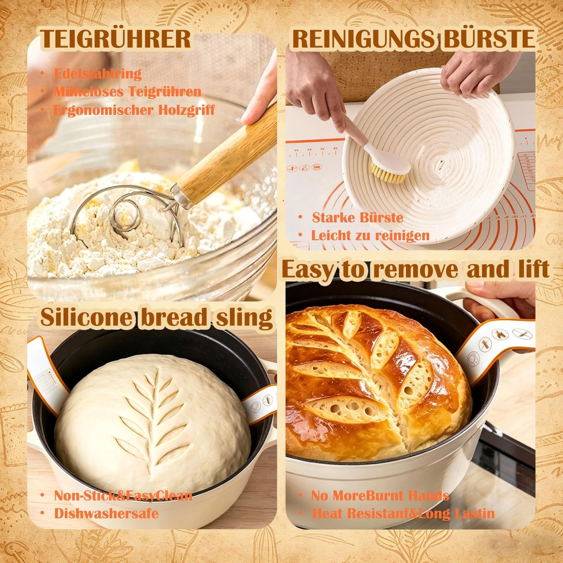 Set di cestini da lievitazione rotondi + ovali in rattan, set di base con sacchetto per baguette e 10 tasche per toast, accessori da forno per pane lievitato, stampo per pane per fermentare pasta di