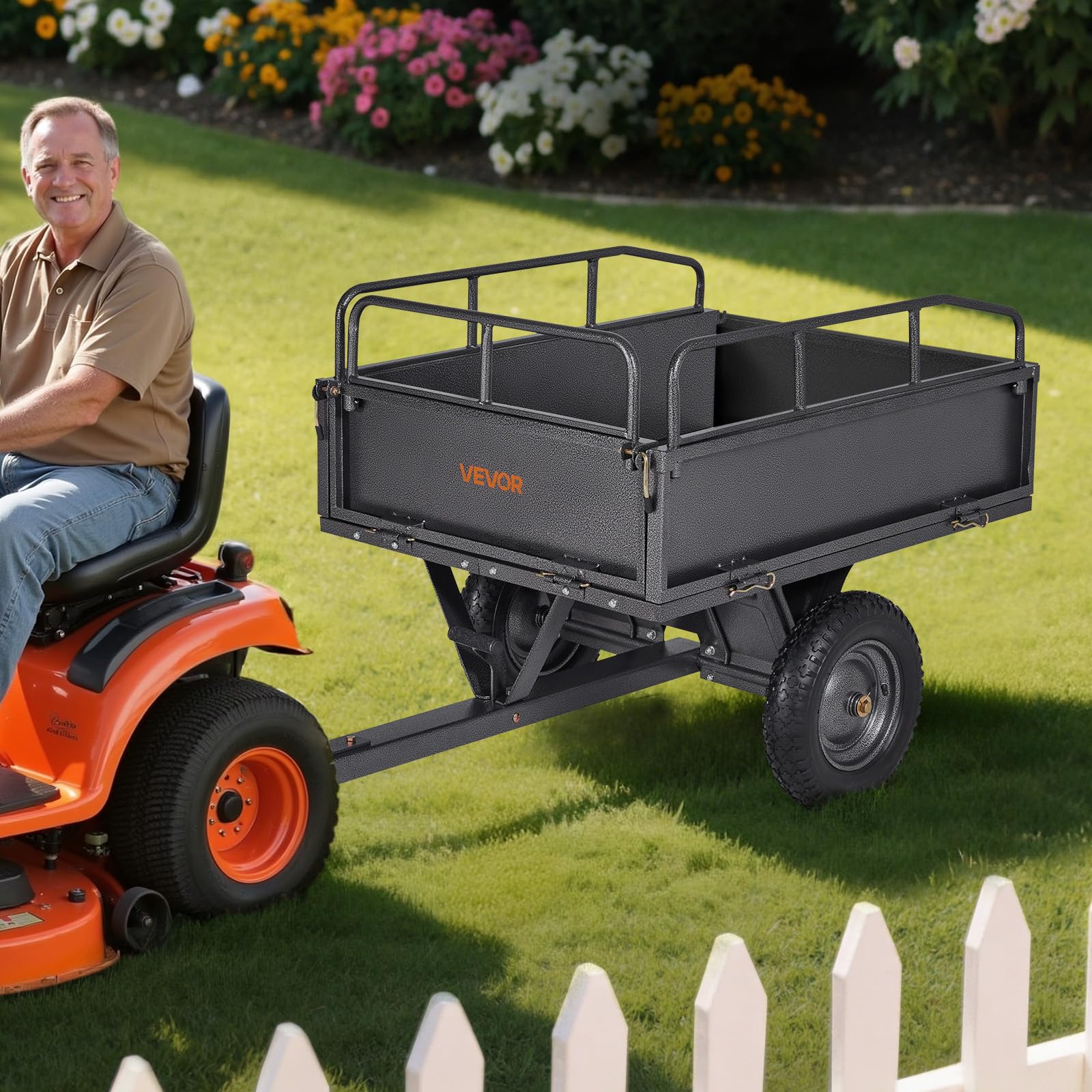 VEVOR Remorque à Benne Basculante, 283 L, Remorque de Tracteur Tondeuse à Gazon de Jardin en Acier, Capacité de Charge 226,8 kg, avec Pneus 35,56 cm, Chariot de Transport à Déversement pour VTT, UTV