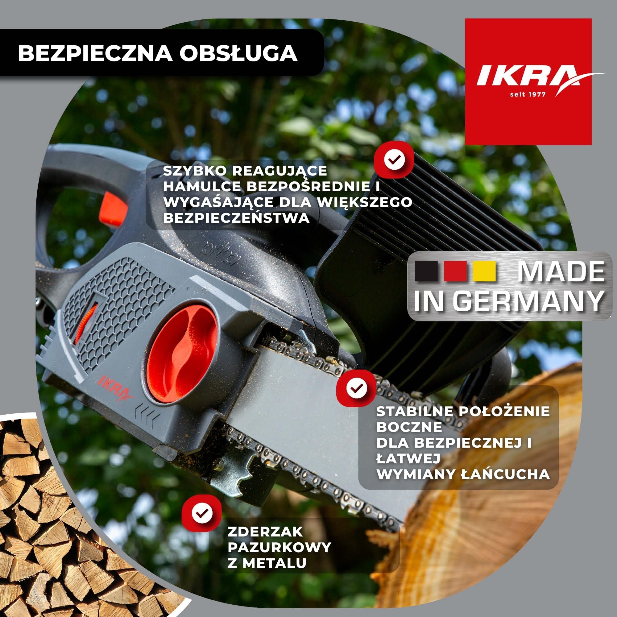 IKRA Pilarka łańcuchowa elektryczna KSE 2400-40, 2 zapasowe łańcuchy | Długość cięcia 40 cm, łańcuch o niskich wibracjach, beznarzędziowy montaż i napinanie, 2400 W, wzmocniona metalem przekładnia
