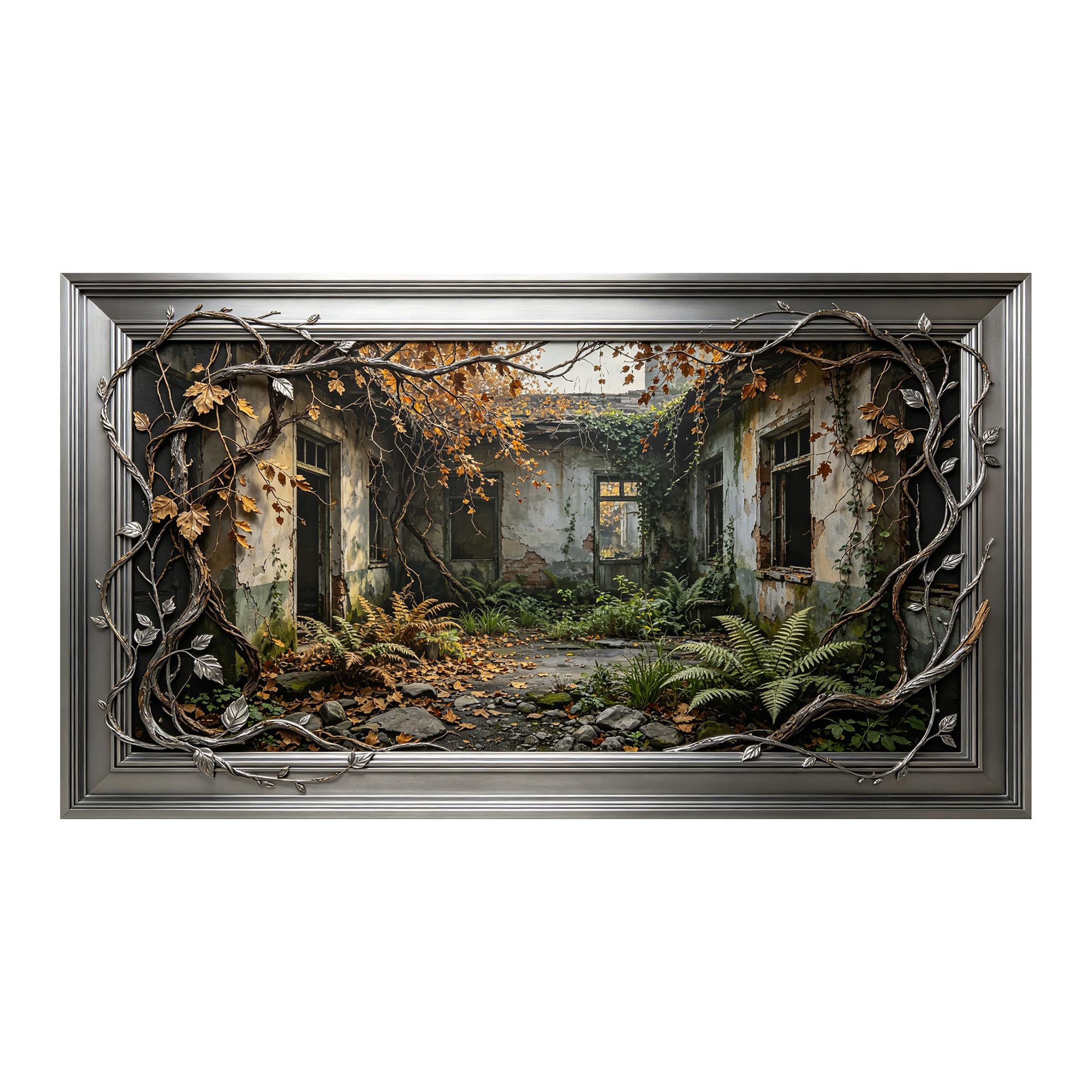 Murasolite 3D Framed Wall Art Rustic Abandoned Courtyard Botanical Landscape Oil Painting SelfAdhesive Fabric Mural Wall Decor,No Damage to Wall,AntiFall Safe Design for Bedroom Living Room