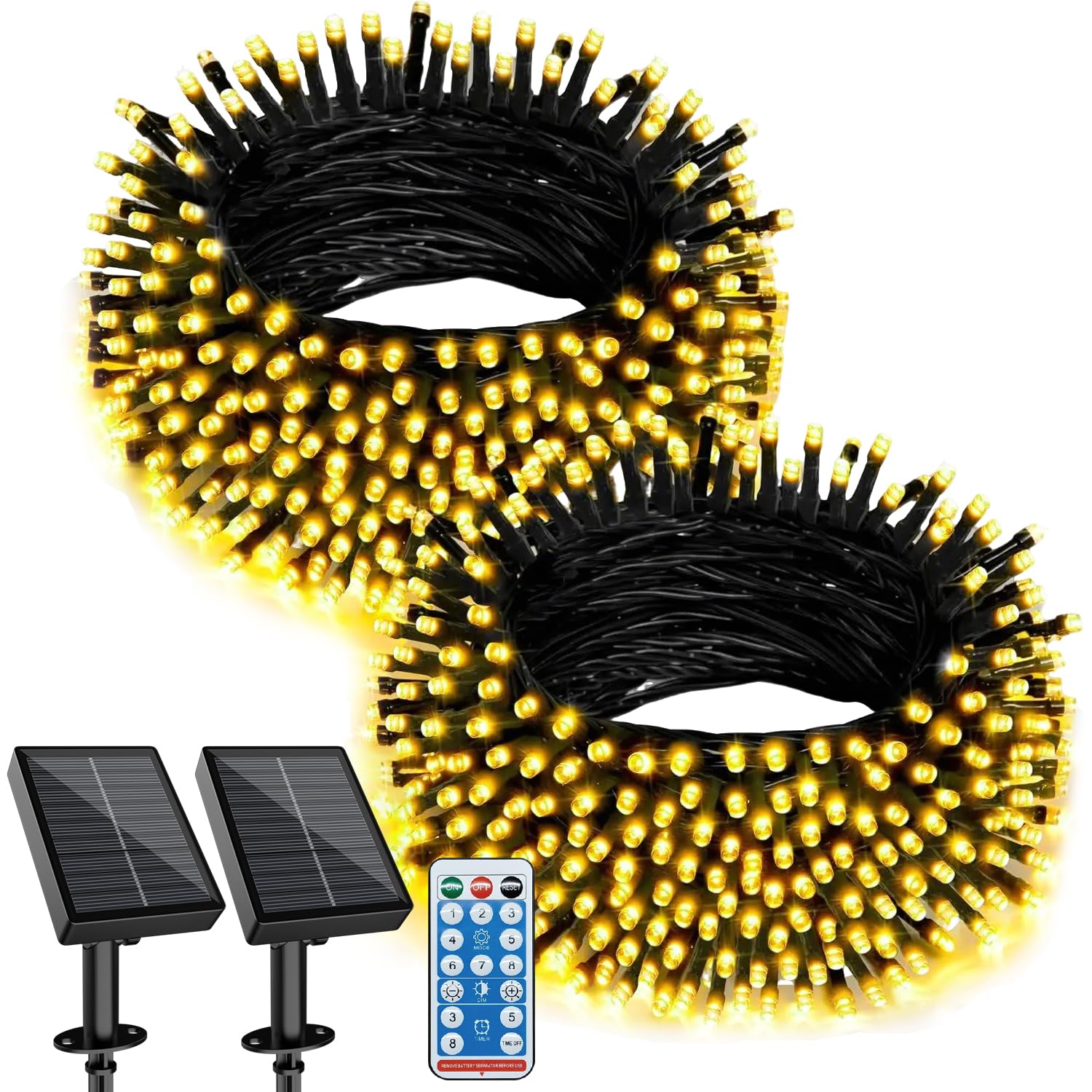 2 Pack 20M Solar String Lights Outdoor Garden, 1200 mAh, Warm Yellow