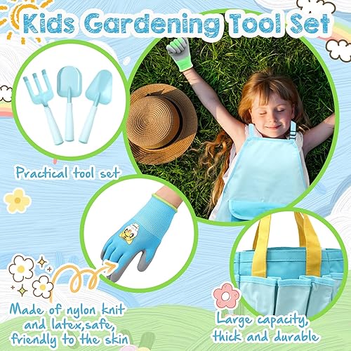 Miniatura 3 de Juego de 36 herramientas de jardinería para niños, incluye pala de metal con mango de madera resistente, rastrillo, pala, delantal, guantes de