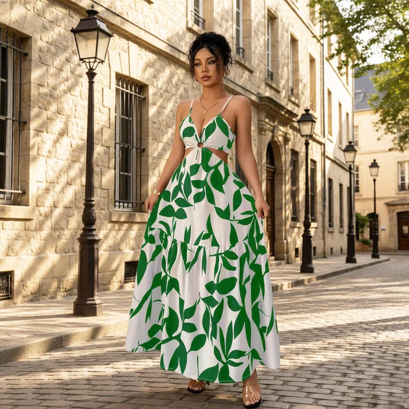 Vestido Largo De Verano para Mujer Vestido Floral de Tirantes Finos Cuello En V Espalda Descubierta diseño Calado Vestido de Vacaciones,Green and White,M