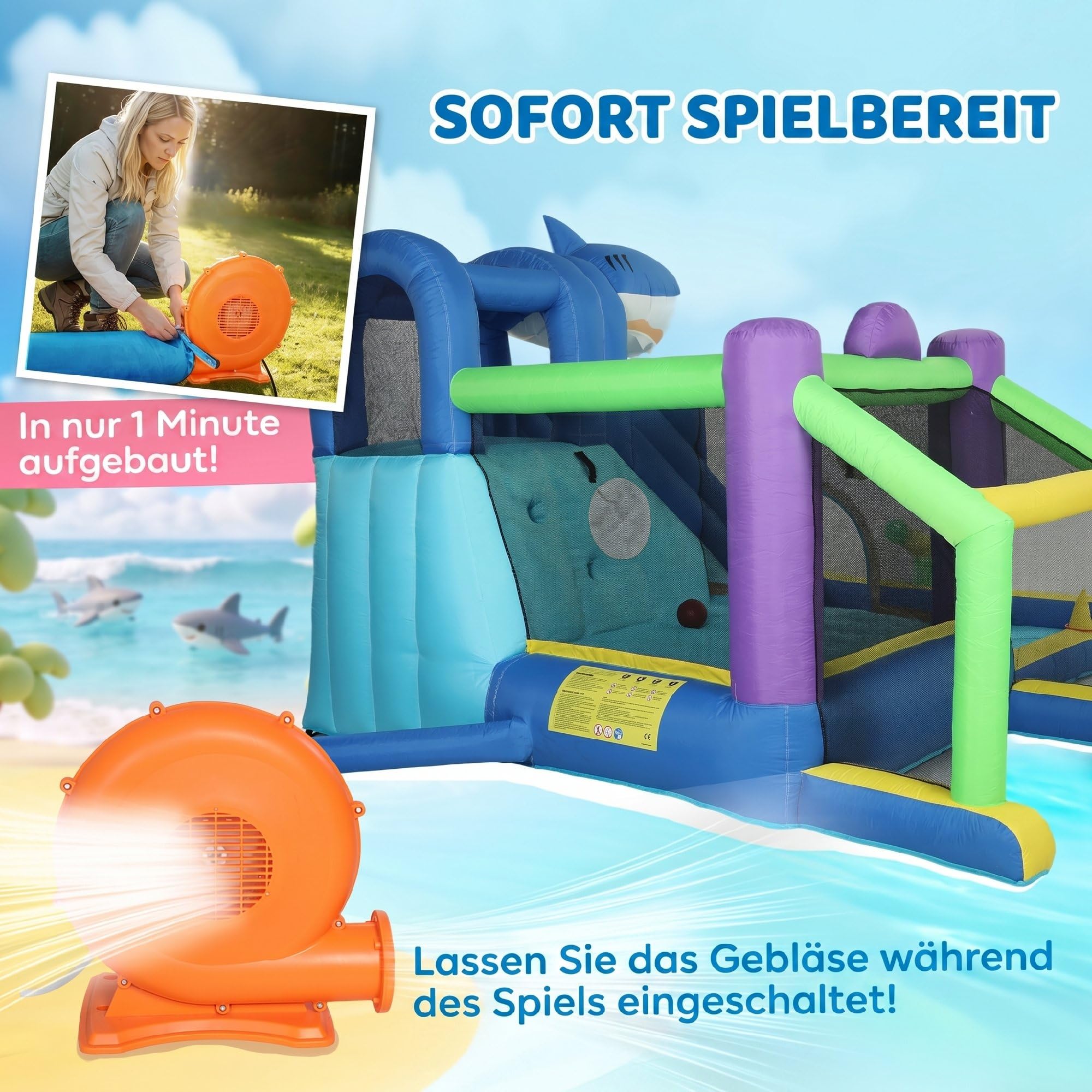 AIYAPLAY Château Gonflable 8 en 1 avec Ventilateur - Parc Aquatique Gonflable Motif Requin - Toboggan Sec/Eau - Piscine Pataugeoire - Trampoline - Mur d'Escalade - Panier Basket-Ball