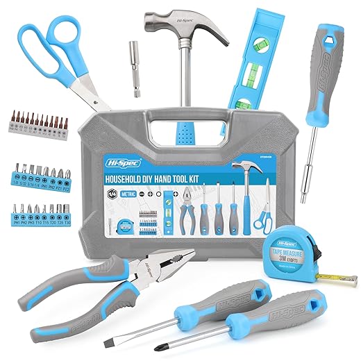 Hi-Spec Tool Kit Household DIY 42pc, Blue Handy Tool Set with Essential Hand Tools for Home, Office, College Dorm - Starter Basic DIY Tools for Repair and Maintenance with Tool Box