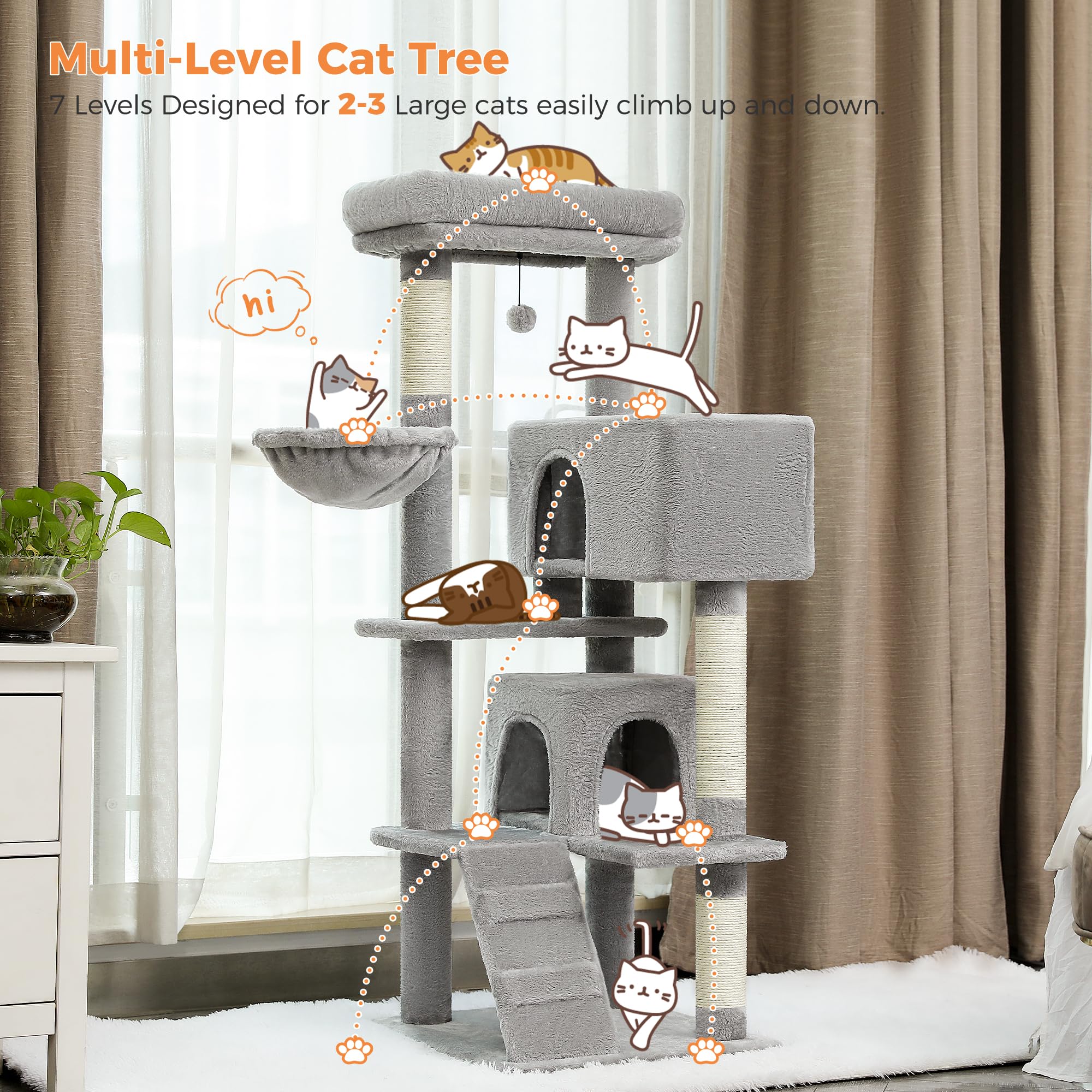 PETEPELA Tiragraffi da 143 cm, con cuscino rimovibile, palo per tiragraffi, cuccia doppia, extra grande per gatti pesanti, grigio