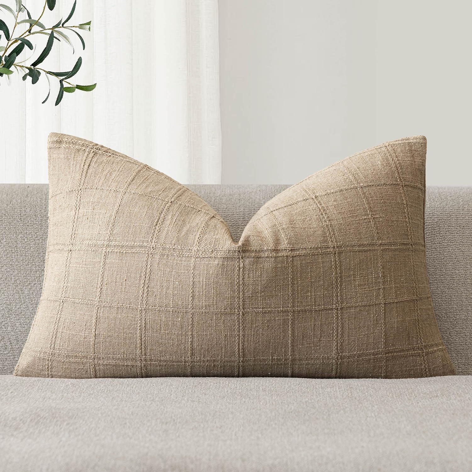 Foindtower Set of 1 Decorative Linen Check Throw Pillow Cover Neutral Farmhouse Lumbar Cushion Cover Modern Coastal Boho Home Decor for Sofa Chair Couch Bedroom Living Room,12×24 Inch,Camel