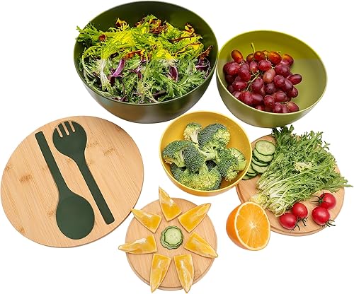 Miniatura 9 de Juego de 3 cuencos de ensalada con tapa y utensilios de servir, juego de cuencos de fibra de bambú grandes para servir y juego de almacenamiento con