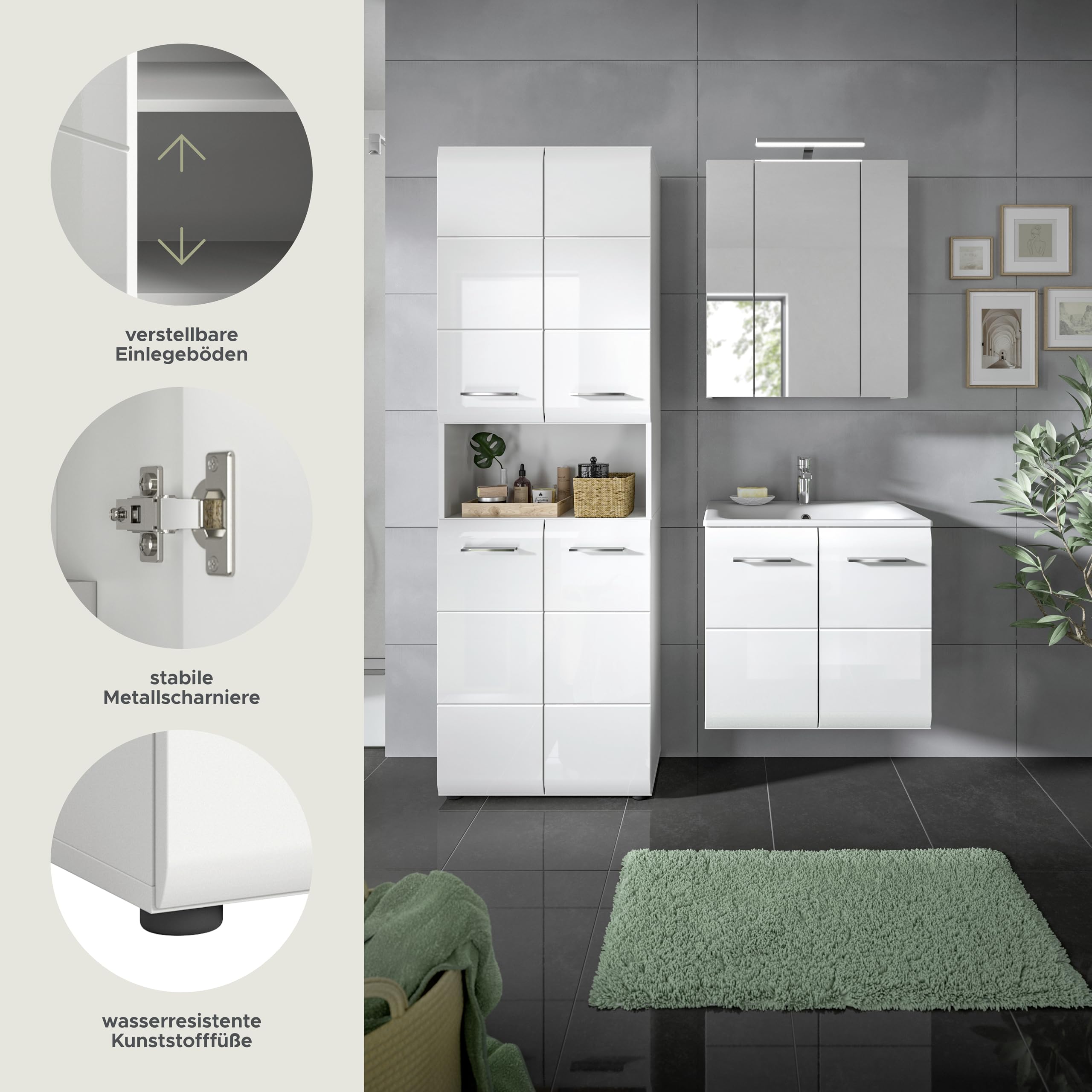 xonox.home – 3 TLG. Badkombination Ice 135x185x46 cm in Korpus weiß Nachbildung und Front weiß Hochglanz – Moderne Badezimmermöbel Kombination – stilvoll – Bild 8