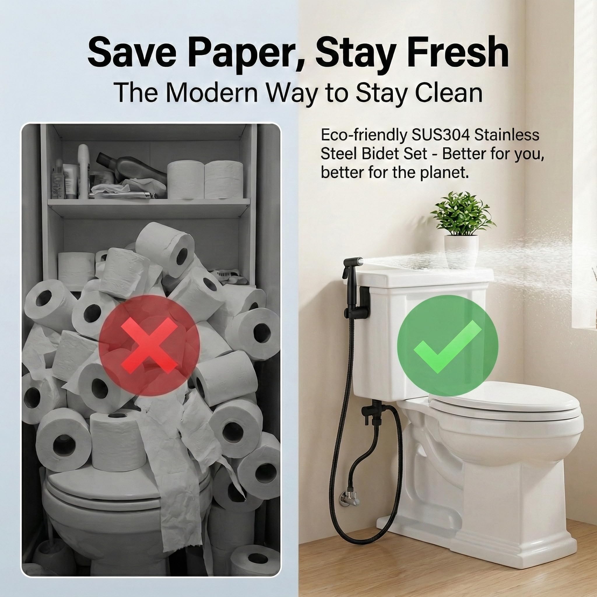 Grifo Bidet para WC Ducha Higiénica de Acero Inoxidable con Manguera 1.5m, para Higiene Personal y Limpieza de Mascotas Incluye Adaptador G1/2 (Negro) — view 7