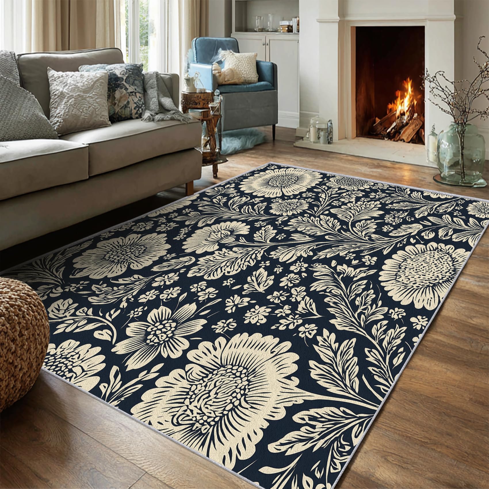 Tapis motif fleurs feuilles vintage antidérapant et doux à poil ras pour grand salon