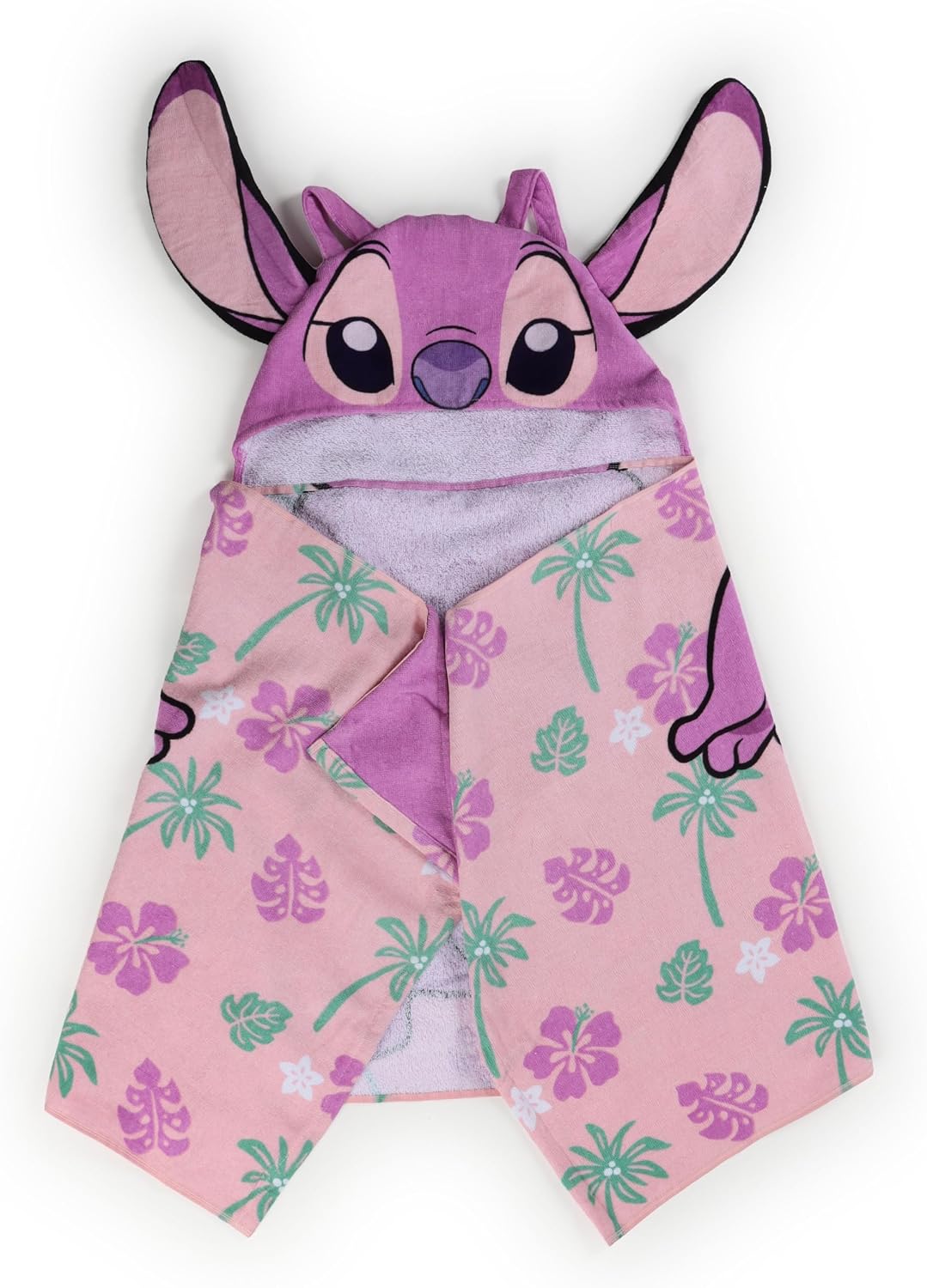 Jay Franco Kids Hooded Towel – 22" x 51" Super Soft Bath Wrap with 3D Hood, Beach, Pool & Travel, Official Licensed Product, Pink - Lilo and Stitch Angel