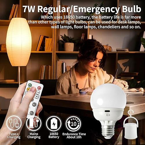 Miniatura 4 de Bombillas recargables, bombilla a pilas con control remoto E26, bombillas LED de emergencia, blanco cálido, CCT con temporizador regulable para