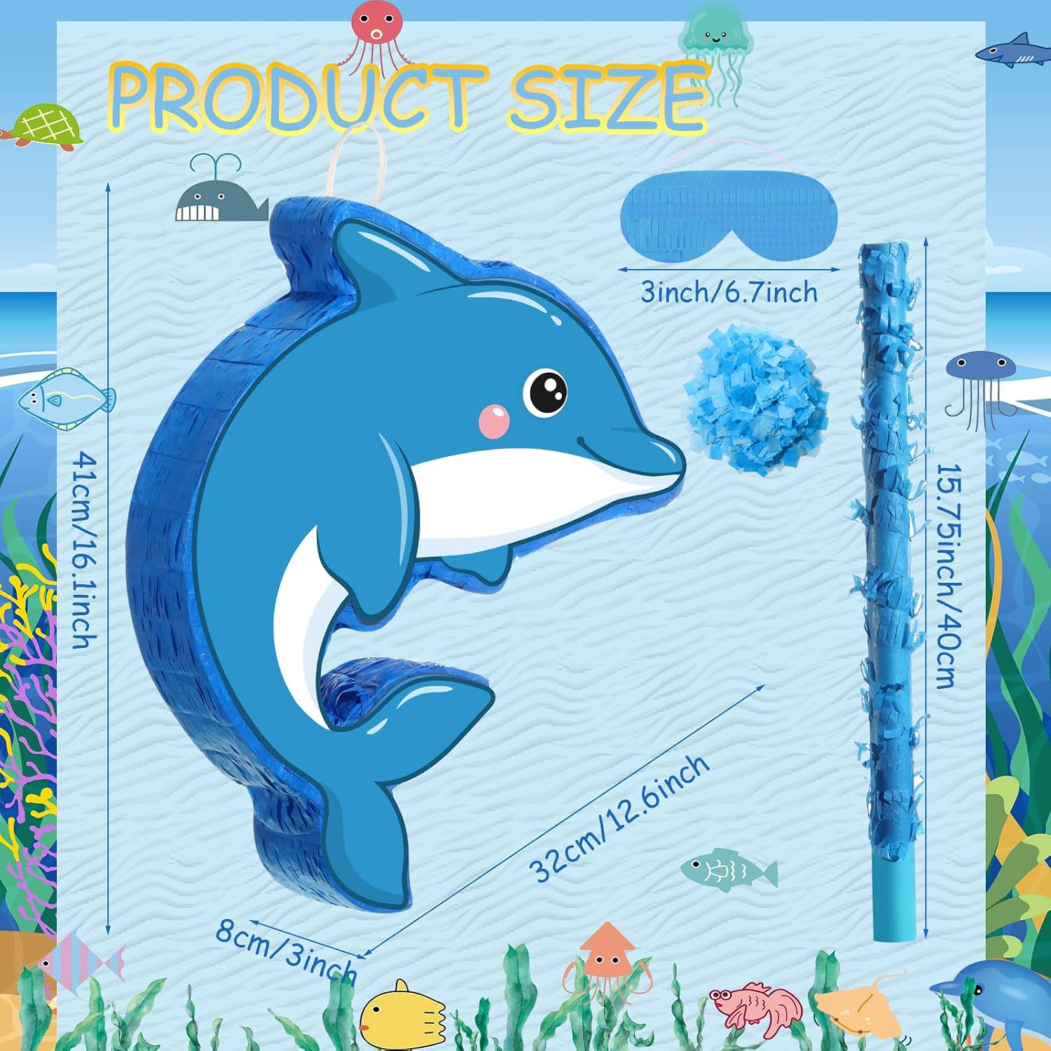 Small Dolphin Piñata Under the Sea Piñata with Blindfold Bat and Confetti for Kids Dolphin Piñata Ocean Dolphin Piñata Decorations for Kids Birthday Party Baby Shower Supplies, 16 x 12.6 x 3"