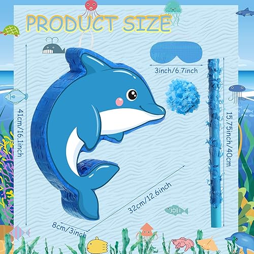 Miniatura 2 de Piñata pequeña de delfín bajo el mar con murciélago vendado y confeti para niños, piñata de delfín oceánico, decoración de piñata de delfín para