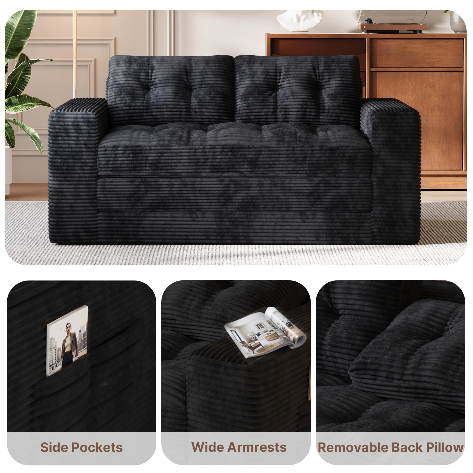 Gizoon Boneless Couch Bed Small Floor Couch 59" Convertible Sleeper Sofa | Folding Sofa Bed with 2 Pillows & Memory Foam, Corduroy Pull Out Couch for Small Spaces, Apartment, Living Room, Black