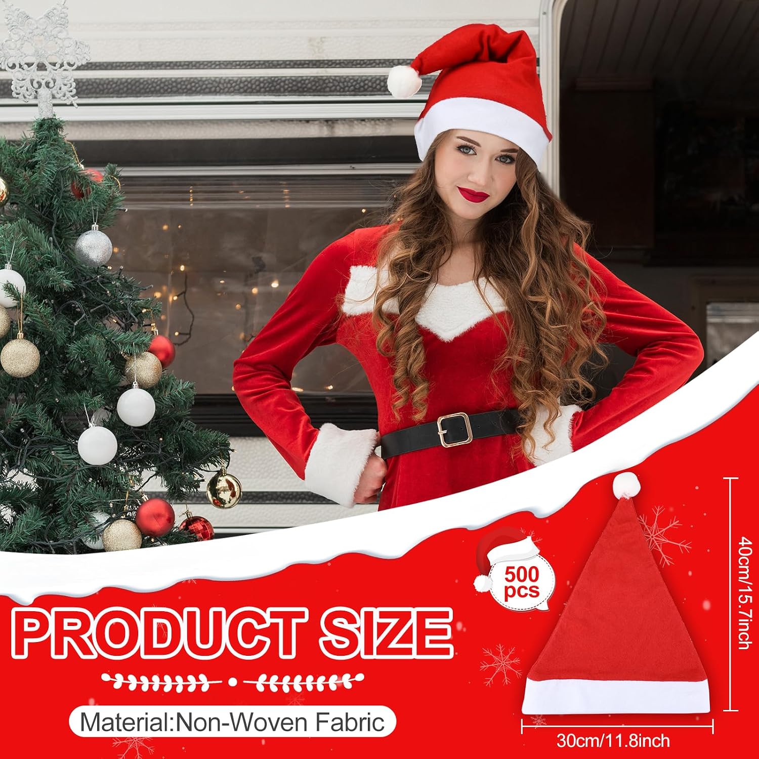 Vicenpal 500 Pieces Christmas Santa Hats Adult Bulk Red Xmas Non Woven Fabric Costume Hat Christmas Hats with White Cuffs for Winter New Year Holiday Party Gift Supplies