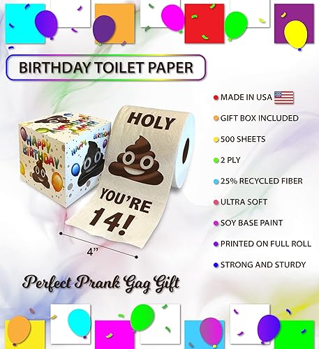 Miniatura 3 de Papel higiénico impreso TP Holy Poop You're 14 Impreso - Papel higiénico divertido de feliz cumpleaños número 14 para la mejor broma, sorpresa,