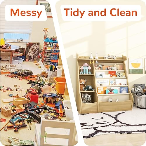 Miniatura 5 de FKWin Estantería para habitación de niños, estante para libros de 4 niveles con 5 bolsillos tipo cabestrillo, diseño de ciervo, organizador de