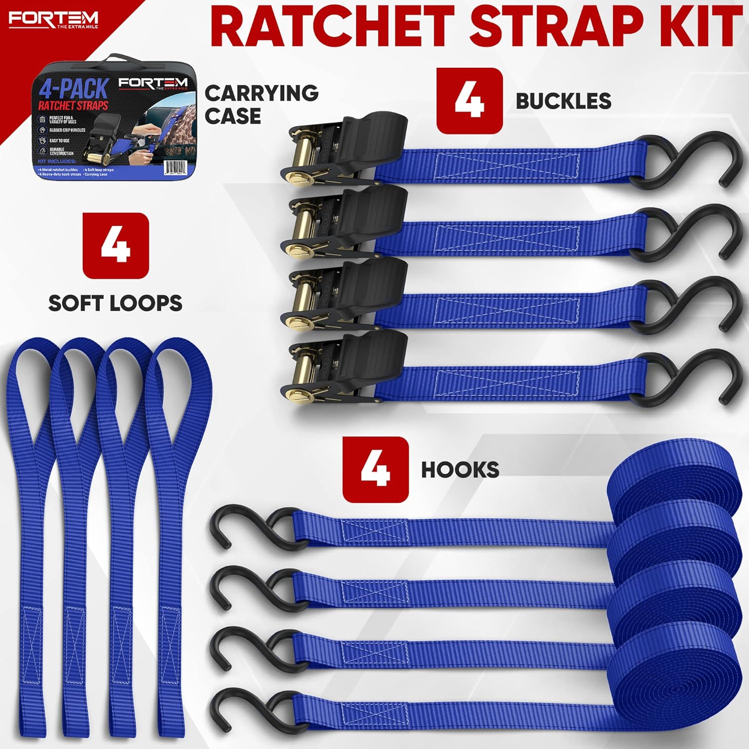 FORTEM Ratchet Straps, 1500lb Break Strength, 4 15ft Tie Down Strap Set, 4 Soft Loops, Motorcycle Straps Tie Downs, Cargo Straps for Trucks, Rubber Handles, Coated Metal Hooks, Carry Bag (Blue) - - 