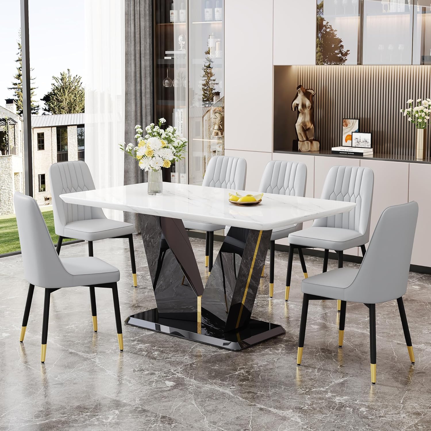 Marble Dining Table Set for 6,Modern Dining Room Set for