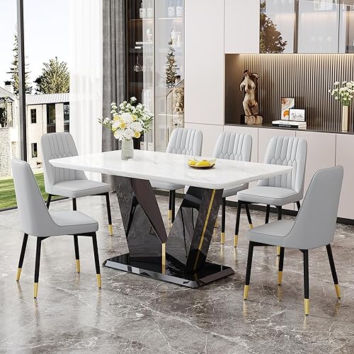 Miniatura 15 de Sillas de Comedor Modernas 6 - Juego de mesa de comedor de mármol para 6, 7 piezas, color blanco, juego de mesa de cocina de mármol de 63 pulgadas
