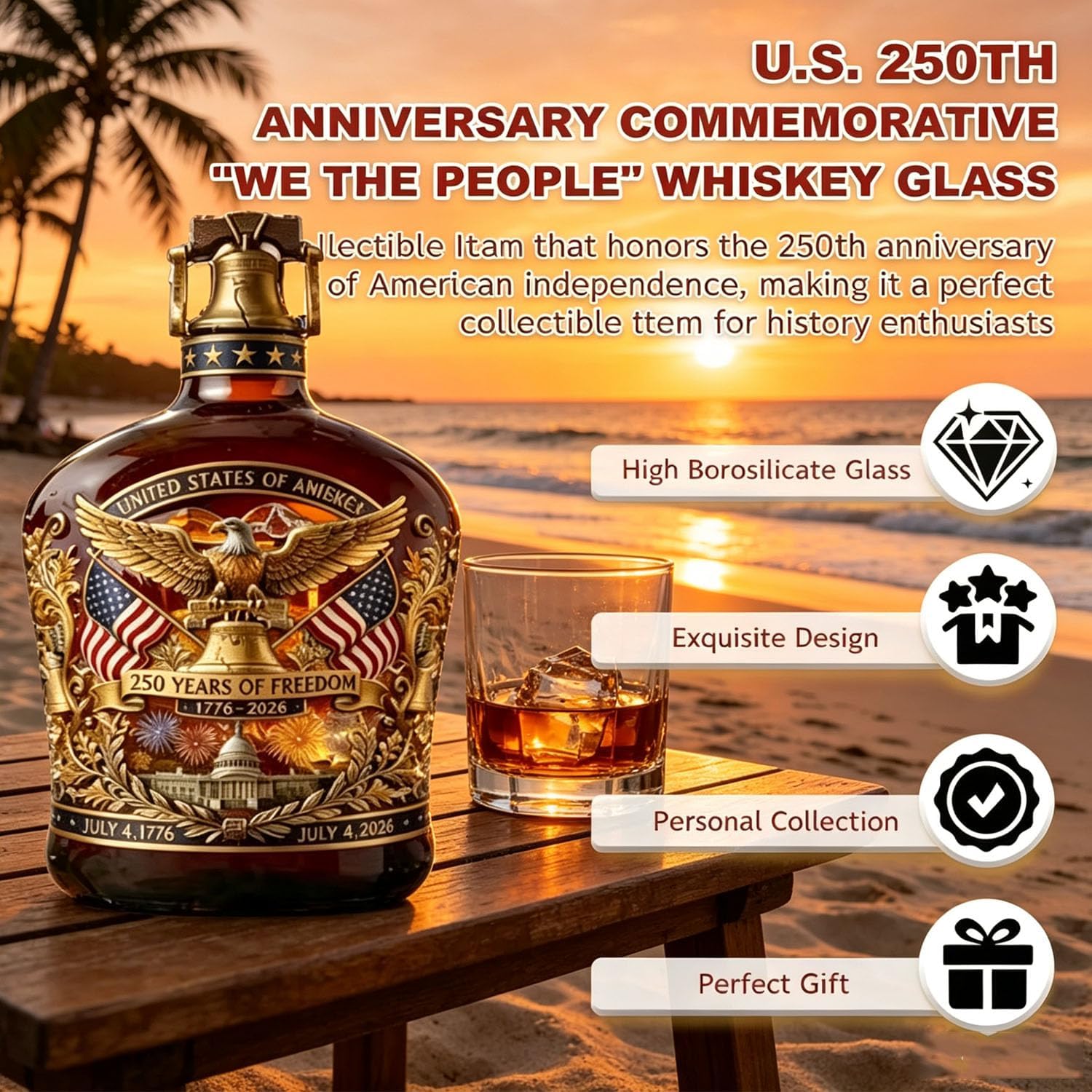 250th Anniversary Whiskey Decanter, Honor America's Milestone with This Patriotic Collector's Bottle, Ideal Independence Day Gift for Dad & Veterans