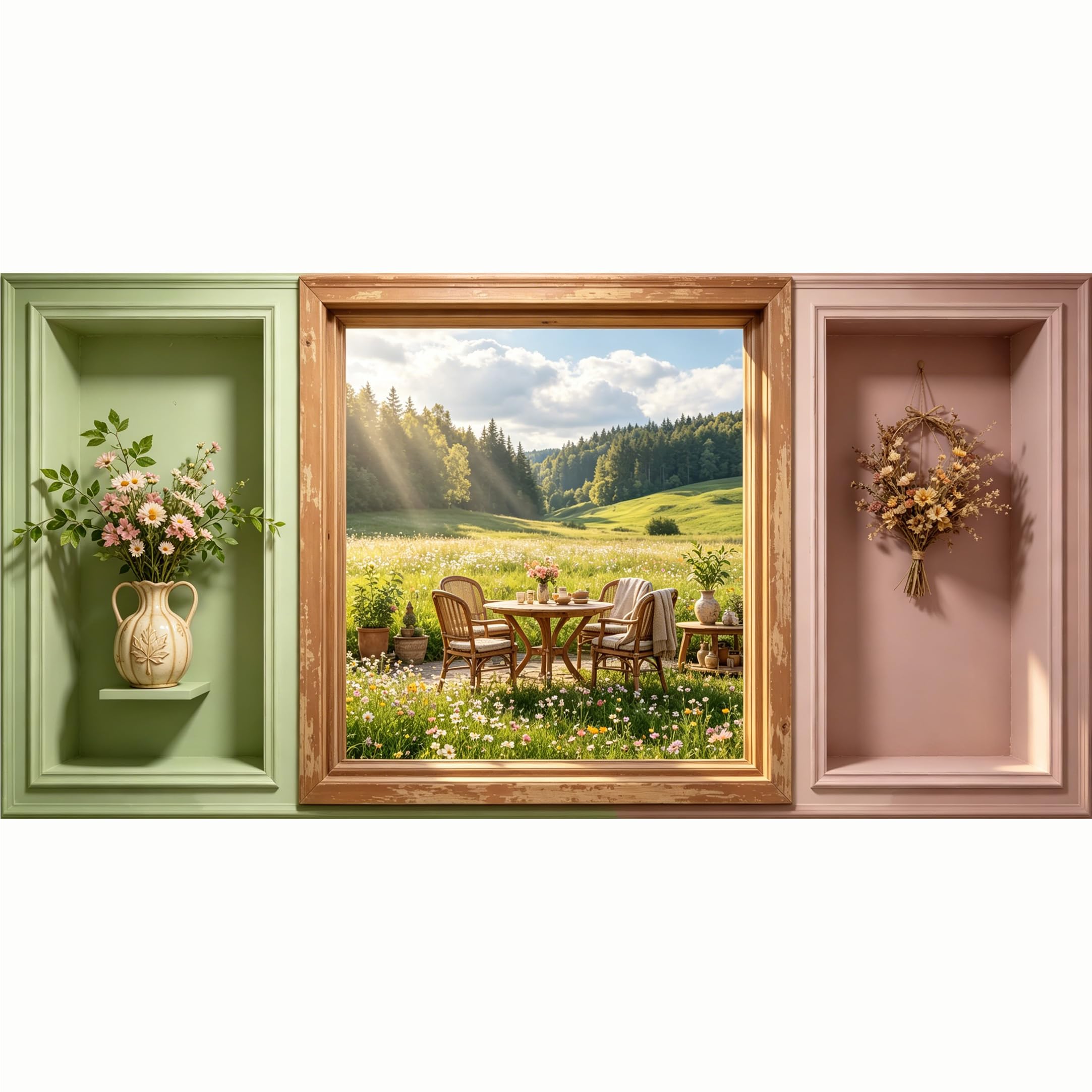 QZLITHOTIC 50x100cm 3D Framed Wall Art， Farmhouse Landscape Wildflower Meadow Sunbeam Window View Self‑Adhesive Mural， Water‑Activated Peel & Stick Fabric Decor Wall Decal for Bedroom Living Room