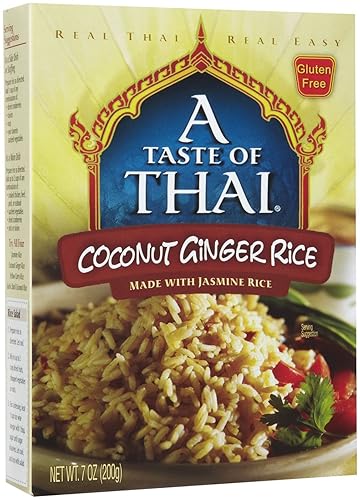 Miniatura 1 de A Taste of Thai Arroz de coco y jengibre, paquete individual de 7 onzas, arroz jazmín instantáneo saborizado con especias tailandesas clásicas, sin