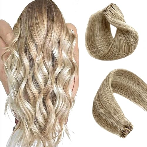 Miniatura 7 de Extensiones de cabello humano real con reflejos rubios, extensiones de cabello humano Remy, color castaño ceniza, mezcla de rubio platino, atadas a