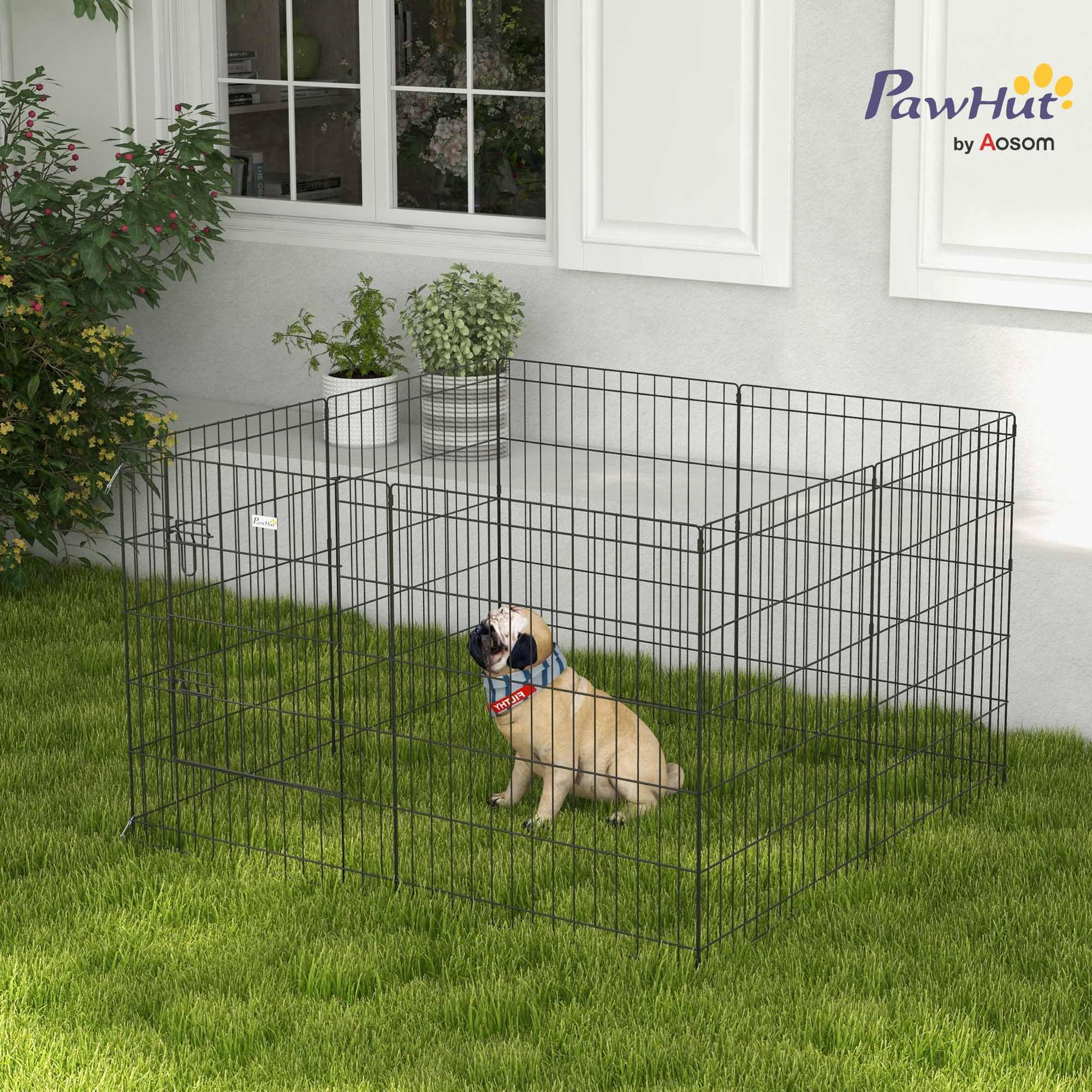 PawHut Parc enclos modulable pour Chiens Lapins rongeurs clôture pour Petits Animaux intérieur et extérieur Pliant 1 Porte verrouillable 8 Panneaux en Fil de métal 61 x 76 cm Noir