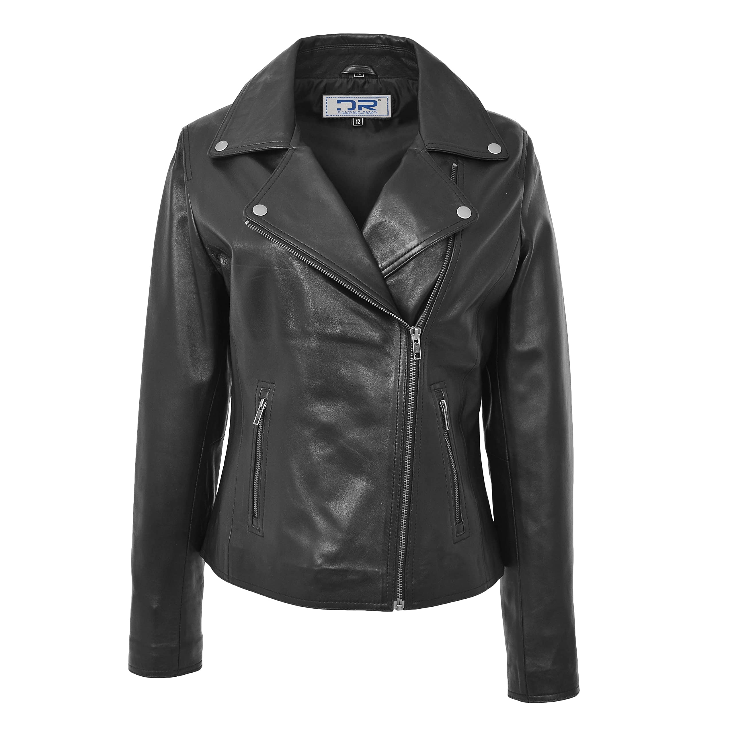 Divergent Retail Women's Black Dr216 Casual Smart Biker Leather Jacket (As8, Numeric, Numeric_12, Regular, Regular)