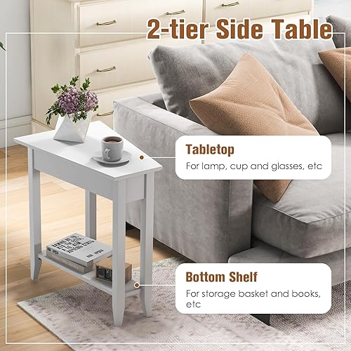 Miniatura 5 de Giantex Juego de 2 mesas auxiliares de cuña blanca, mesa auxiliar triangular con estante de almacenamiento y patas de madera maciza, mesa