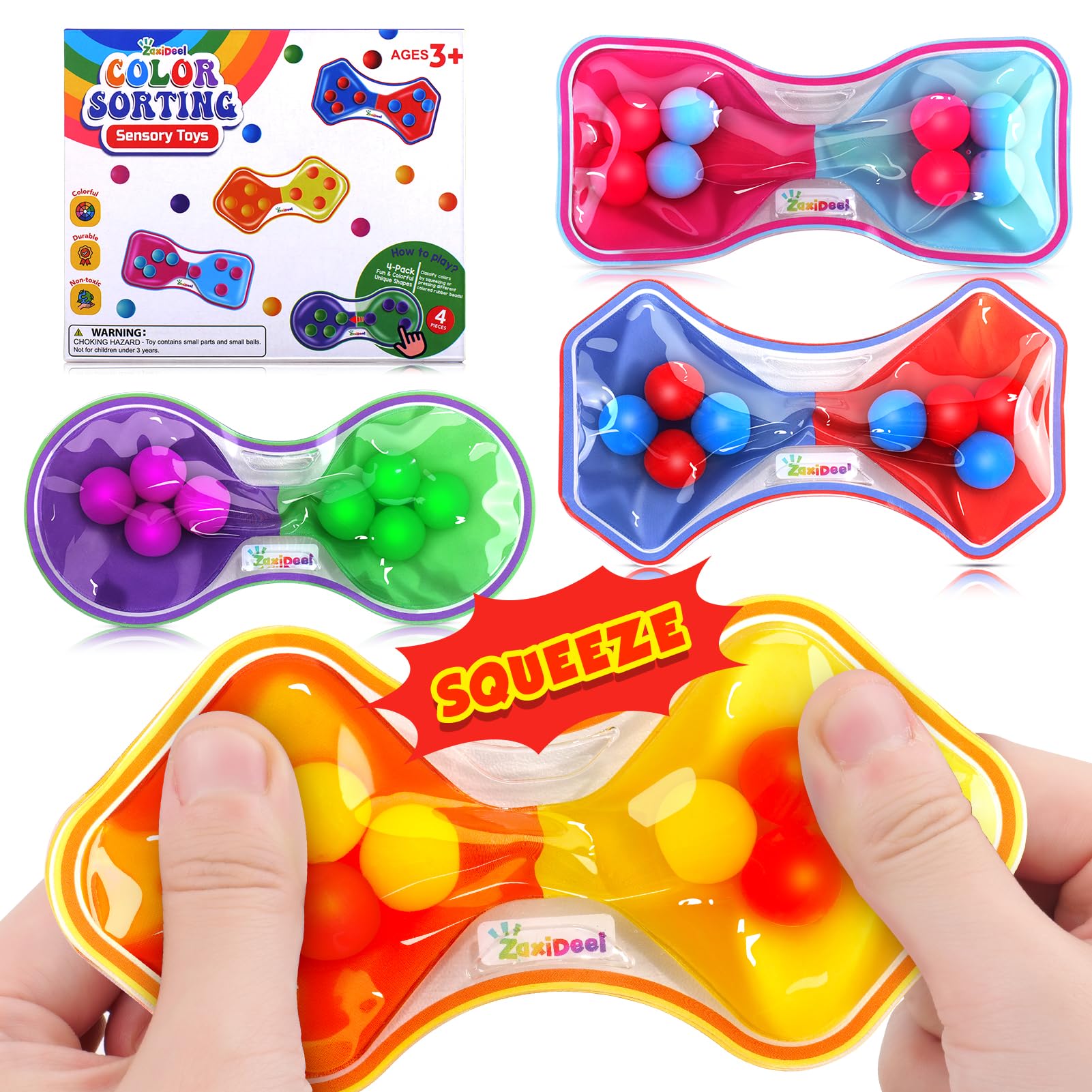 Sensory Fidget Toys Kids Toddler: 4 Pack Color Sorting Sensory Toys for Autism - Squeeze Calming Toys for Toddler Girls Boys - Quiet Fidget Toys for Student Classroom - Easter Basket Stuffers