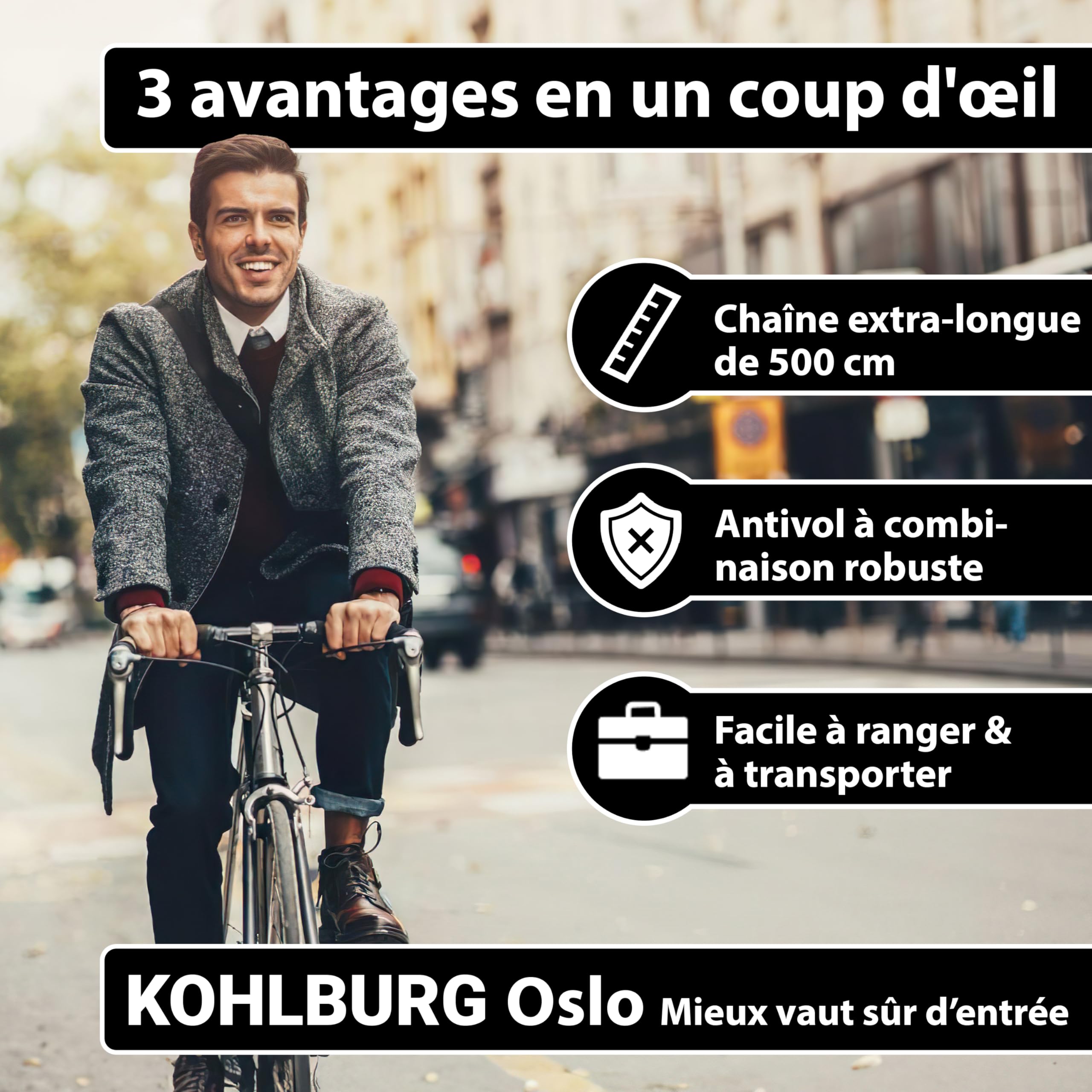 KOHLBURG Chaine antivol velo code [5m extra‑longue] avec acier spécial 6 mm | Chaîne anti vol à combinaison 5 m – Serrure pour vélo, e-bike, trottinette électrique, meubles de jardin, bateau – 500 cm