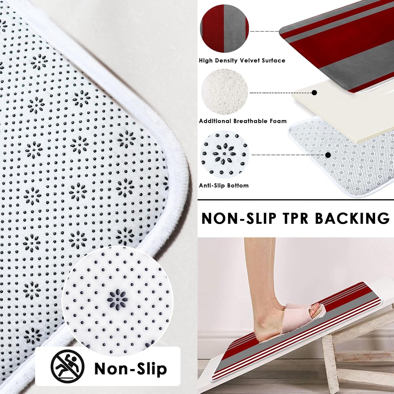 ArtSocket Burgundy Stripes Bathroom Set with Shower Curtain and Rugs Accessory, Grey Line Vintage Abstract Beautiful Shower Curtain for Bathroom Decor 4 Pcs