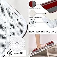 Vista 3 de Juego de cortina de ducha a rayas rojas burdeos con tapa de inodoro y alfombras antideslizantes para baño, cortina de ducha moderna de líneas grises