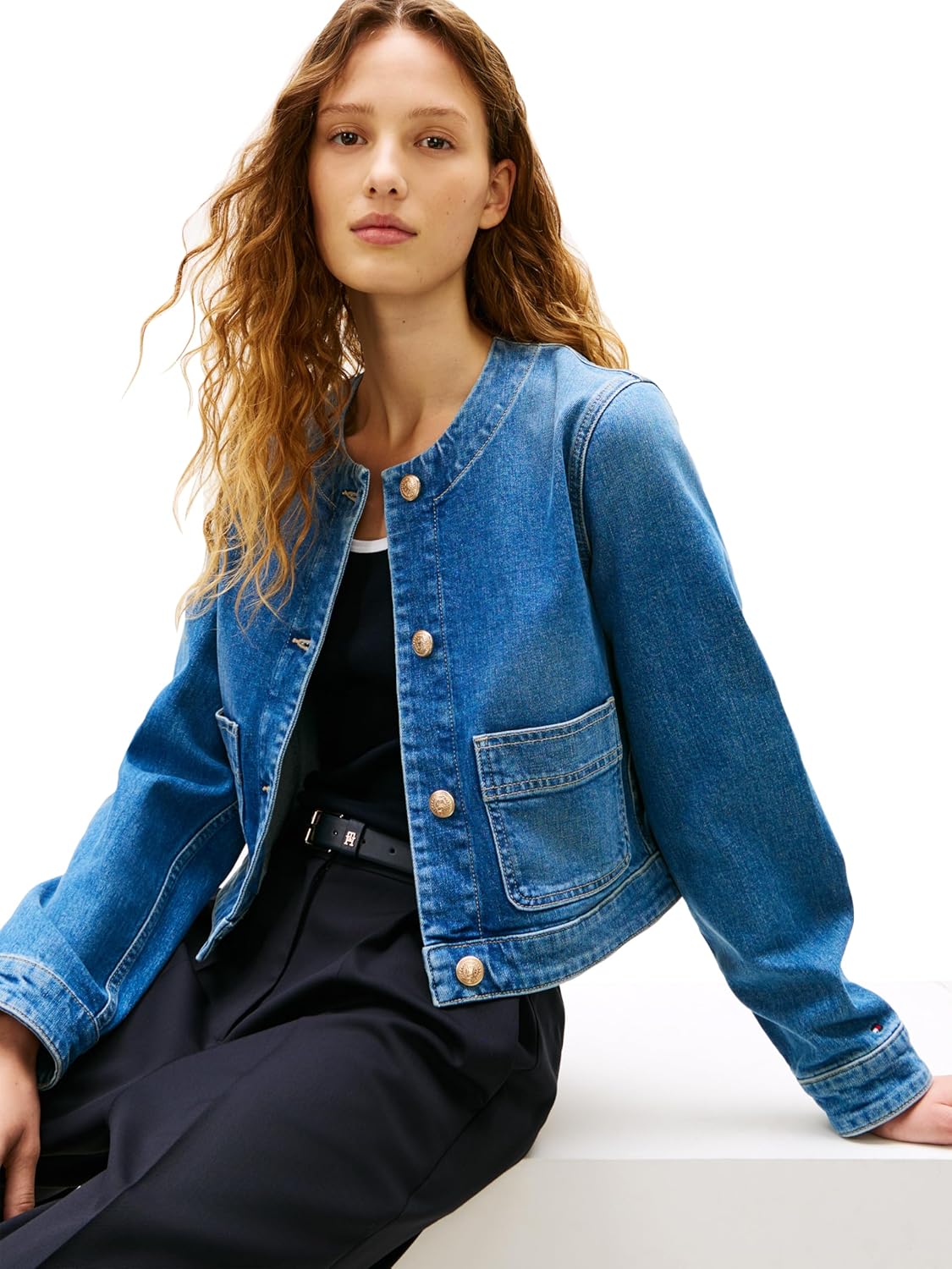 Tommy Hilfiger Women's Denim Jacket Lightweight Collarless Button Down Jean Jacket