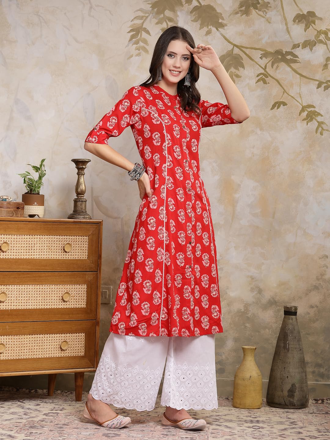 Stylum Women's Floral Printed Rayon A-Line Kurta (Johnyred42_Red, Xl)