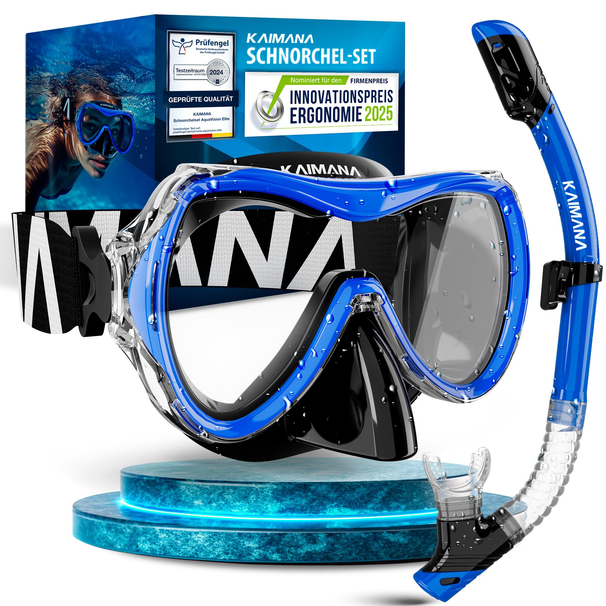 Das Neue KAIMANA® AquaVision Elite Schnorchelset für Erwachsene inkl. Tragetasche, Bequeme Taucherbrille Erwachsene, Alternative zur Schnorchelmaske, Taucherbrille mit Stoffband/Silikonstrap