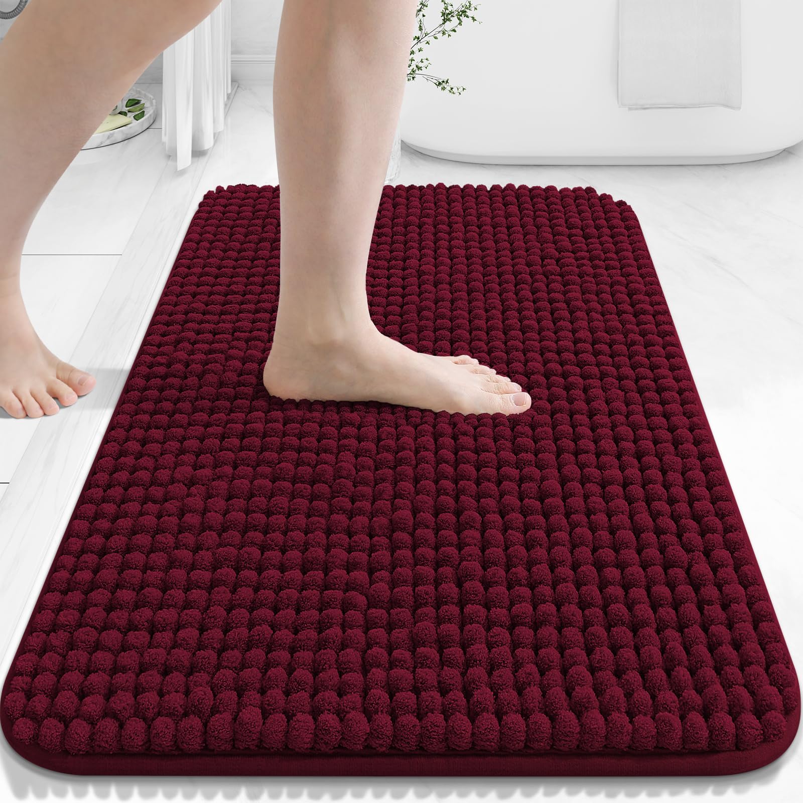 Homaxy Thick Soft Fluffy Bath Mat, Chenille Absorbent Bathroom Mat, Non Slip Bath Mats for Bathroom, Machine Washable Quick Drying Bath Rug, 41×61 cm, Wine Red — image 1